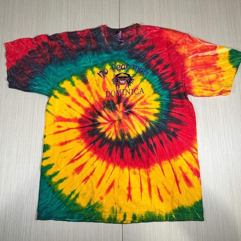 Gildan Heavy Cotton 170 Fear Mon Dominica Irie T-Shirt Mens Large Multi Tie Dye‎